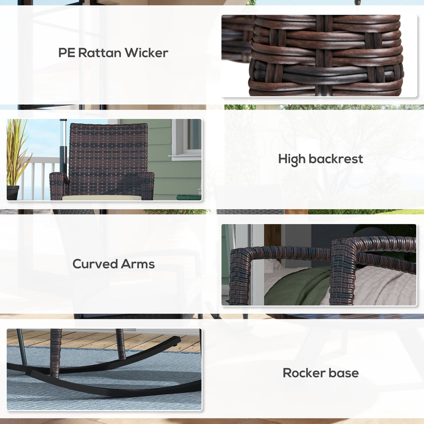 Outsunny Outdoor PE Rattan Rocking Chair Set of 2, Garden Rocking Chair Set with Armrest and Cushion