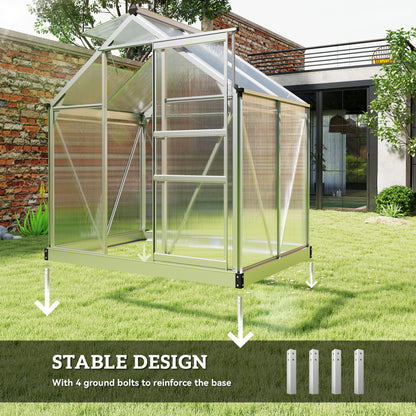 Walk-In Polycarbonate Greenhouse | 6x4ft | Aluminium Frame | Sliding Door | Roof Vent | 40kg/m² Snow Load | Silver