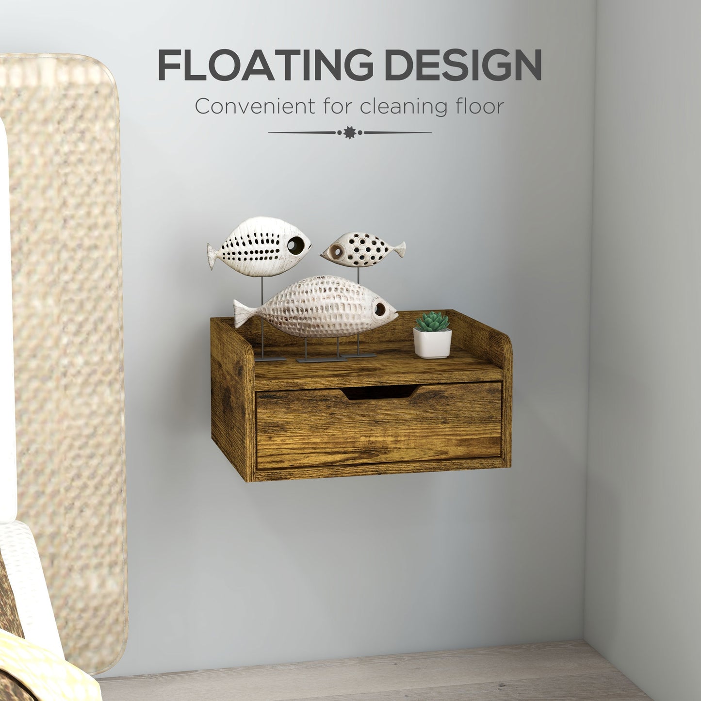 Floating Nightstand Set of 2 Wall Mounted Bedside Table with Storage Drawer for Bedroom, Rustic Brown