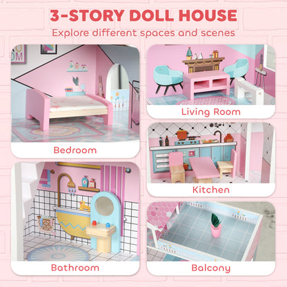 Kids Large 3-Storey Dolls House | 10 Accessories Included | Fits Dolls Up to 20cm | Detailed Rooms & Balcony | MDF | Smooth Edges | STEM-Inspired Pretend Play | 60.5x24x72.5cm | Ages 3–6 | Pink