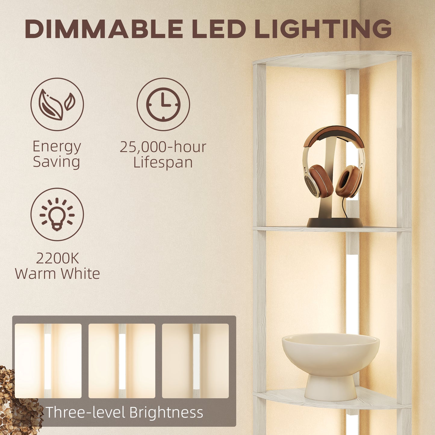 Corner Floor Lamp for Living Room Bedroom with Dimmable Warm White LED Light, Modern Tall Standing Lamp, Oak