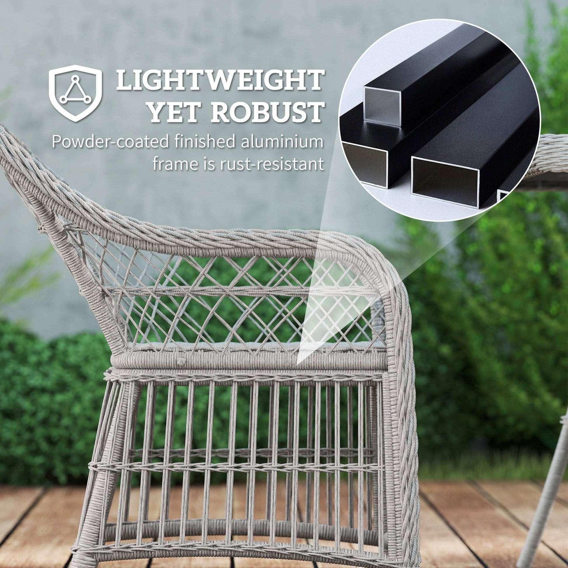 Rattan Dining Set with Seat and Back Cushions, 6 Seater Garden Furniture Set with Aluminium Frame, 6 Chairs, WPC Top Rectangle Table - Grey