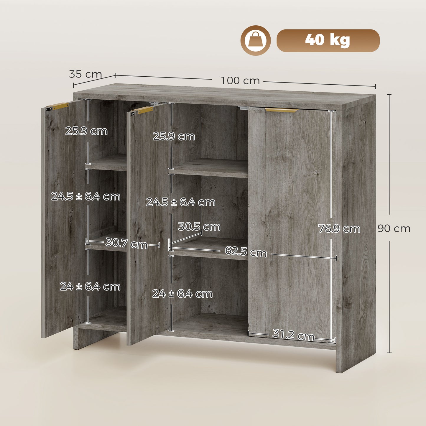 Modern Sideboard Cabinet | 3 Doors | Adjustable Shelves | Gold Handles | Anti-Tip Kit | 40kg | Living Room & Dining Room | Grey