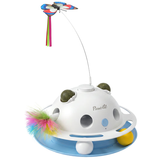 4-in-1 Interactive Cat Toy | Spinning Butterfly | Shooting Feathers | Catnip Balls | Auto Standby | USB & Battery