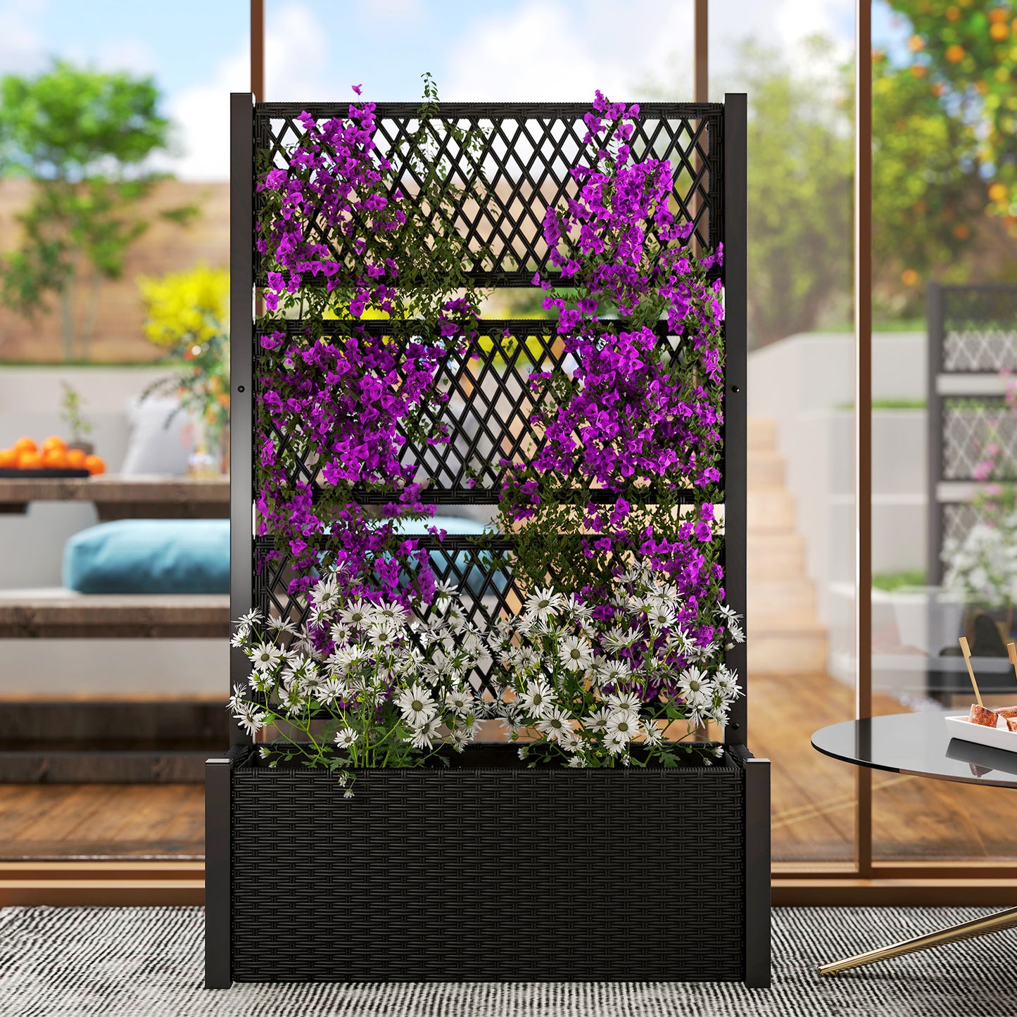 Outsunny Garden Planter Box with Trellis, Liner for Climbing Plants, Vegetables, Flowers, 90 x 35 x 148 cm, Charcoal Grey / Mixed Grey
