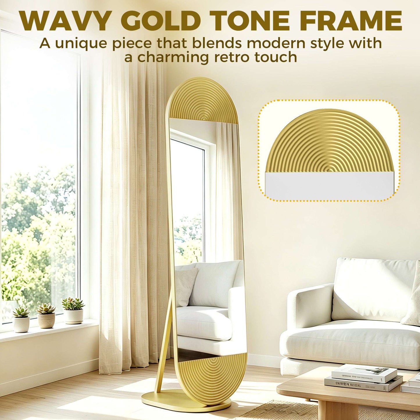 Wavy Full Length Mirror | 50x161.5cm | Gold Tone | Metal Frame & Base | Shatter-Proof Glass | Free Standing