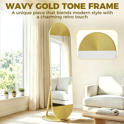Wavy Full Length Mirror | 50x161.5cm | Gold Tone | Metal Frame & Base | Shatter-Proof Glass | Free Standing