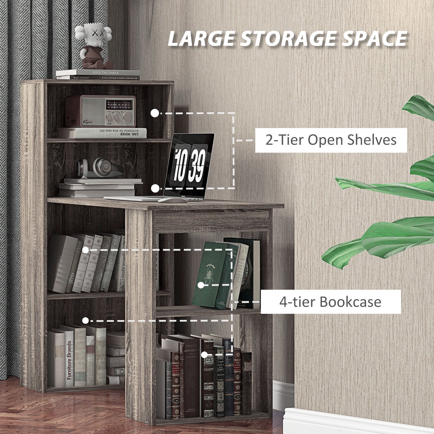 120cm Modern Computer Desk Bookshelf Study Table Workstation PC Laptop Writing Home Office 6 Shelves, Grey Wood-Effect