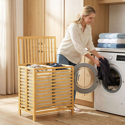 Bamboo Laundry Basket | Double 64L | 2 Washable Oxford Bags | Lid | Top Shelf | Foldable | 30kg | Natural & Cream White
