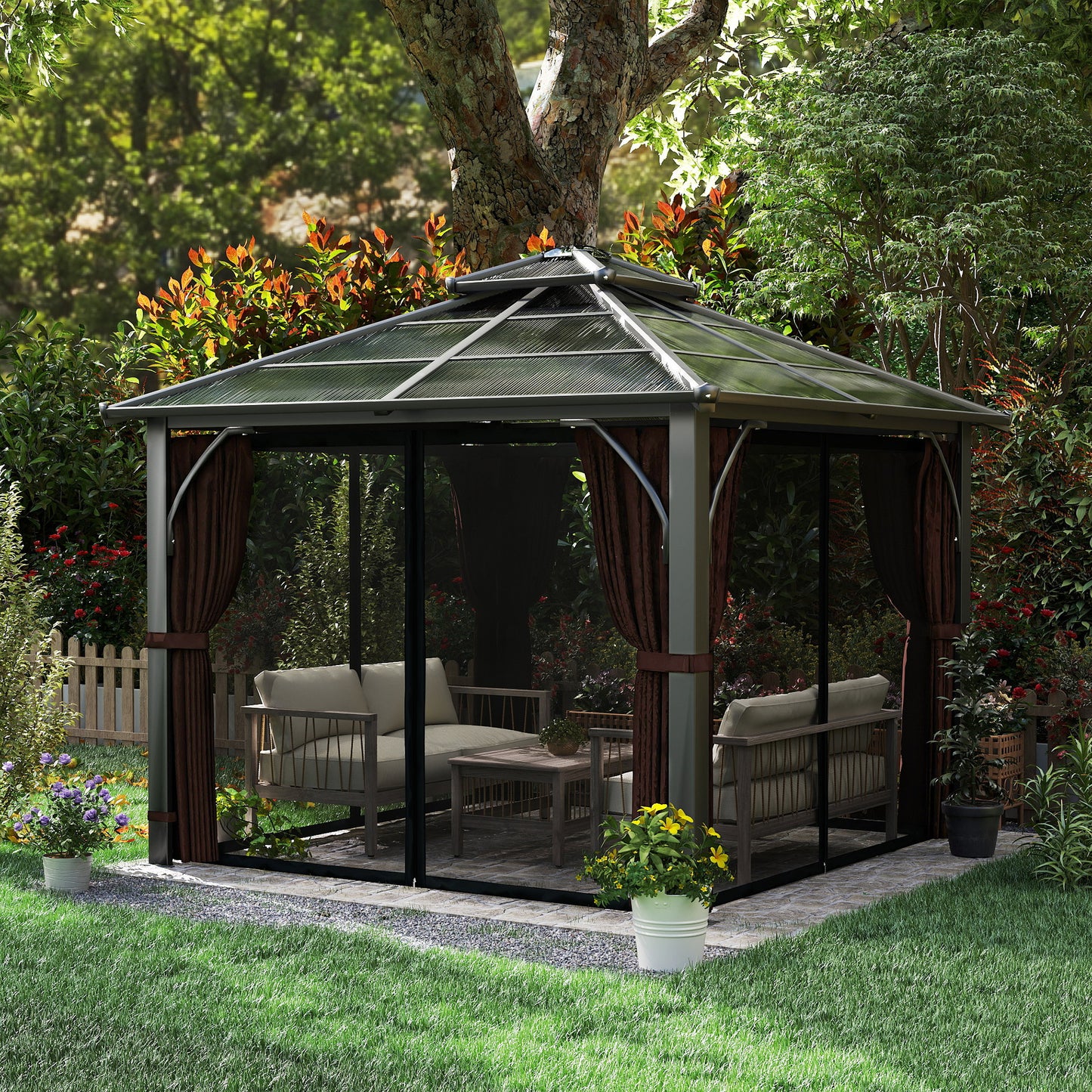 3 x 3(m) Hardtop Gazebo Canopy with 7mm Double Polycarbonate Roof, Garden Permanent Pavilion with Mosquito Netting, Brown