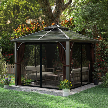 3 x 3(m) Hardtop Gazebo Canopy with 7mm Double Polycarbonate Roof, Garden Permanent Pavilion with Mosquito Netting, Brown