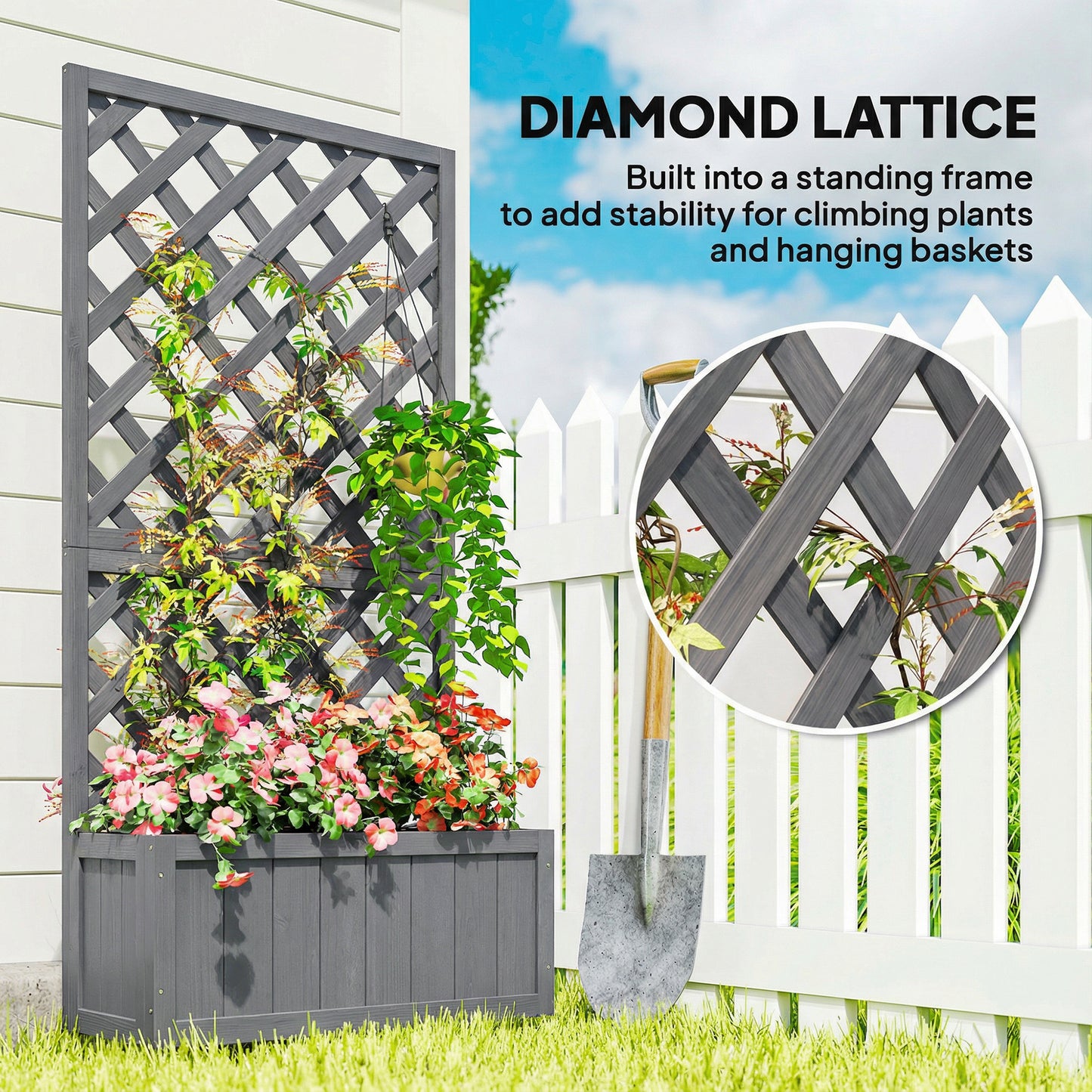 Wooden Planter Box with Trellis | Solid Fir Wood | Rot-Resistant | Drainage Holes | 25kg Capacity | 72.5x31.5x149.5cm | For Herbs Flowers & Climbing Plants | Grey