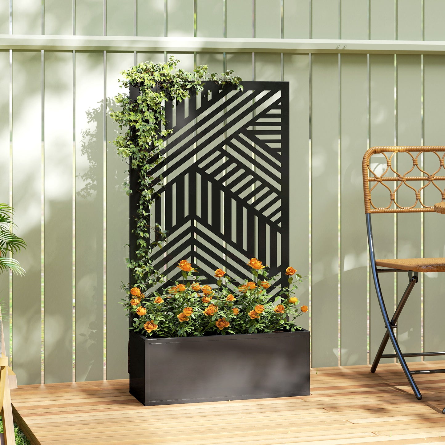 Metal Raised Garden Bed with Geometric Slatted Trellis & Privacy Screen | Powder-Coated | 20L Soil Capacity | 30kg Max | Patio Balcony & Garden | 61x23x113cm | Black