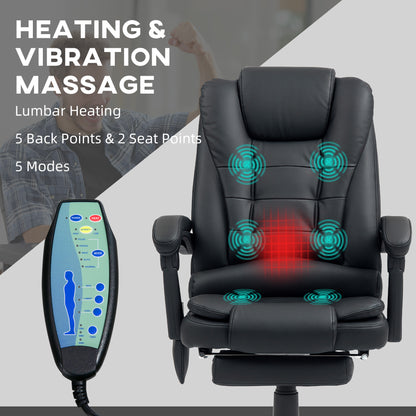 Heated Massage Executive Office Chair | 6 Point Vibration | High Back PU Leather | 135° Recline & Footrest | 360° Swivel | 45-52cm Height | 113kg | Black
