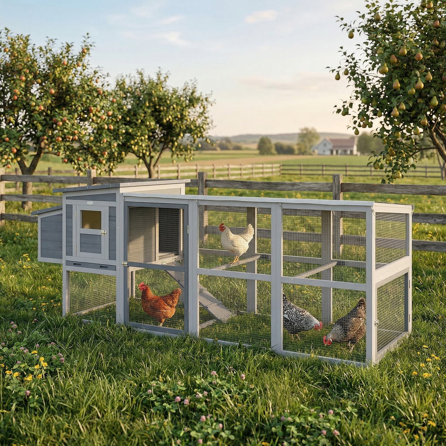 Large Chicken Coop & Hen House | 3-4 Chickens | Covered Run | Nesting Box | Pull-Out Tray | Asphalt Roof | Oxford Cover | 264cm | Grey