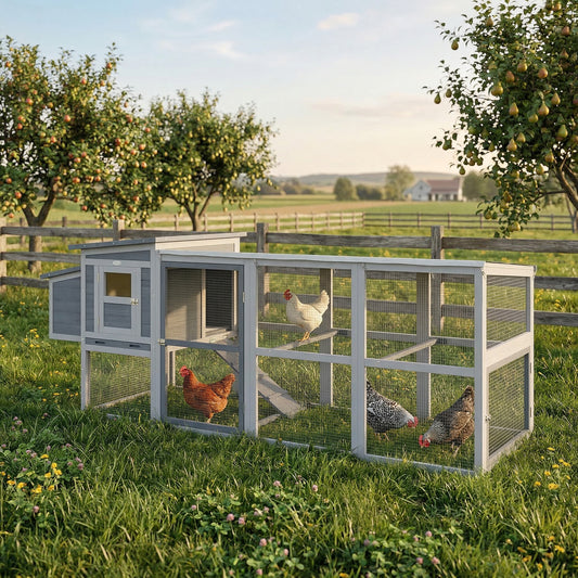 Large Chicken Coop & Hen House | 3-4 Chickens | Covered Run | Nesting Box | Pull-Out Tray | Asphalt Roof | Oxford Cover | 264cm | Grey