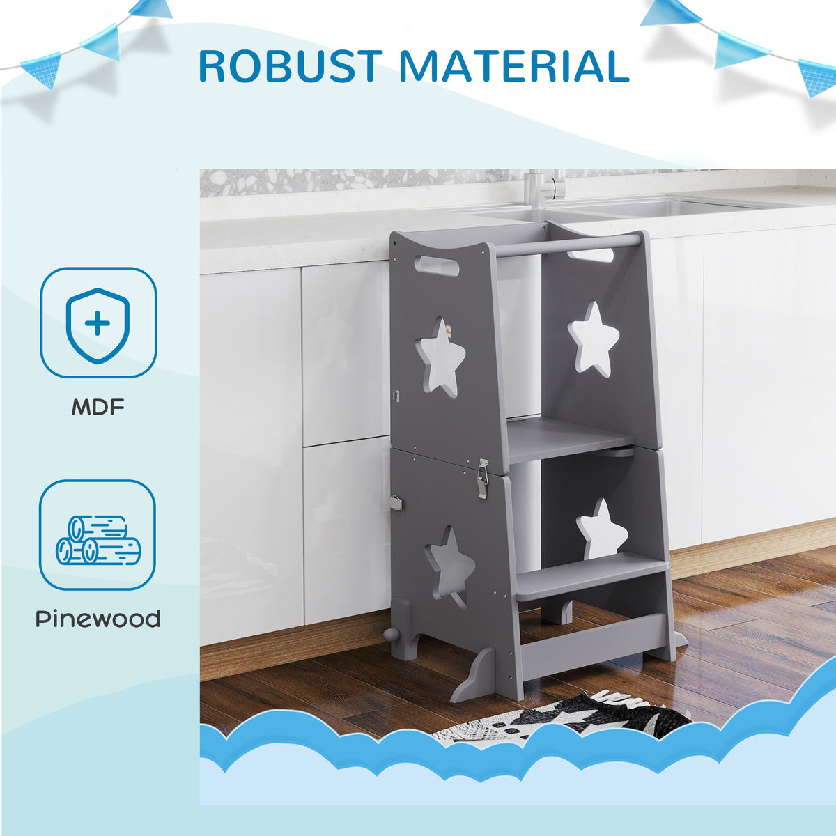 2-in-1 Toddler Step Stool & Table Chair Set | Safety Rail | Solid Pinewood & MDF | EN71 Certified | 30kg Capacity | Ages 3–6 | Kitchen Bathroom & Bedroom | Grey
