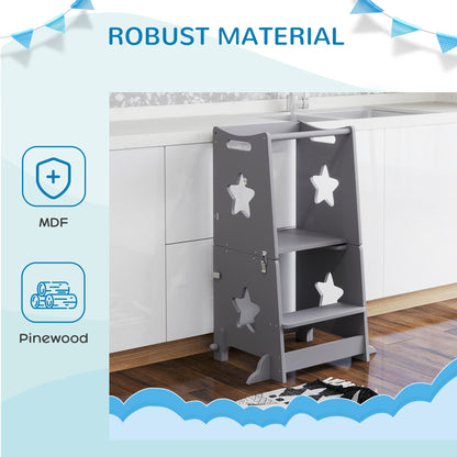 2-in-1 Toddler Step Stool & Table Chair Set | Safety Rail | Solid Pinewood & MDF | EN71 Certified | 30kg Capacity | Ages 3–6 | Kitchen Bathroom & Bedroom | Grey