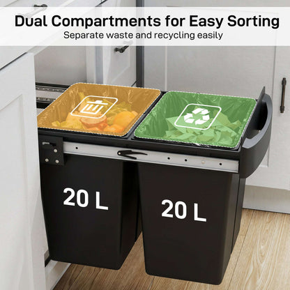 Under-Sink Pull-Out Kitchen Bin | Dual 20L Compartments 40L Total | Damped Smooth-Glide Runners | Frosted Lid Doubles as Shelf | Removable Buckets with Handles | Steel Frame | Pre-Assembled | 52x33.5x41cm | Black
