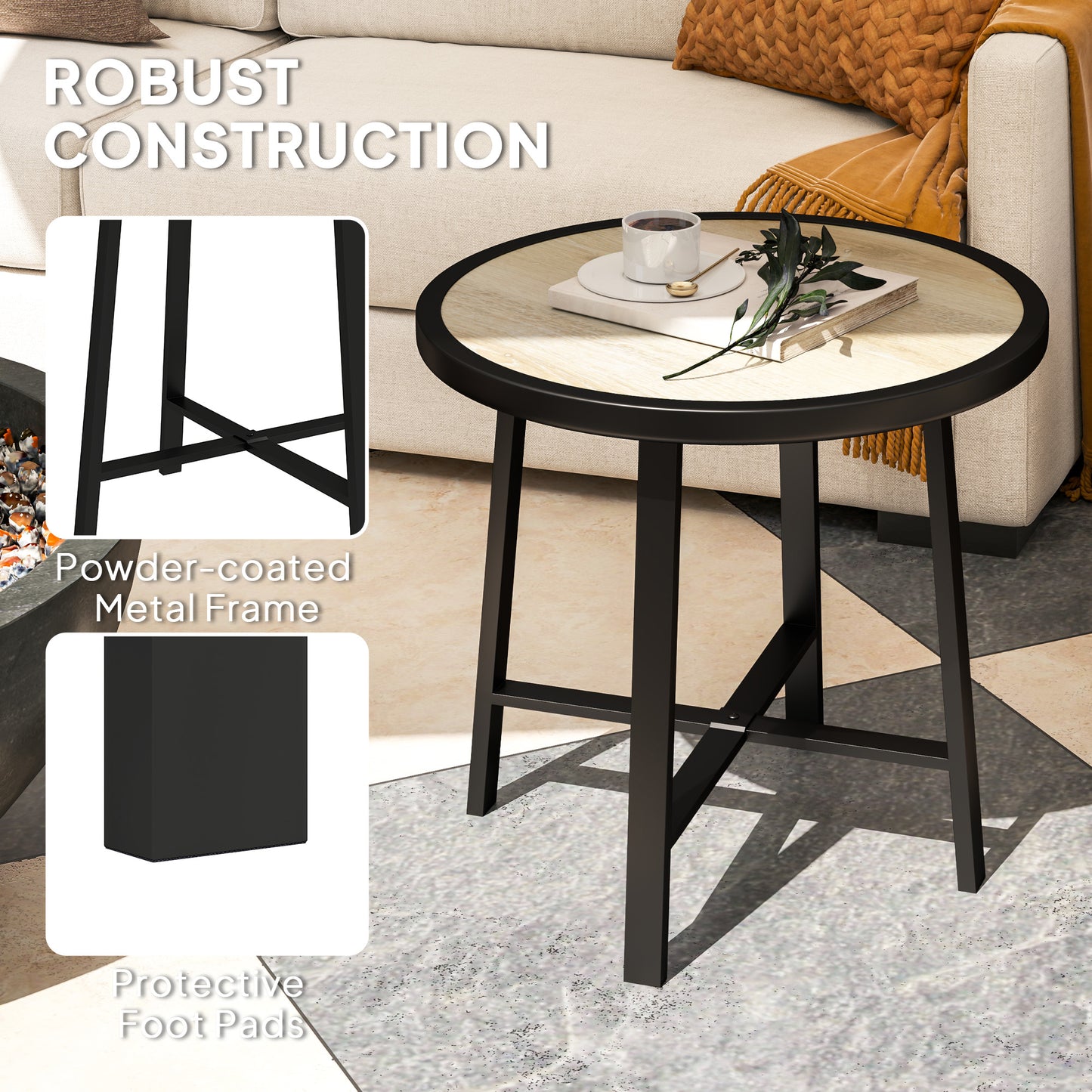 Round Garden Bistro Side Table | Dia 50.5x46cm | Waterproof SPC Top | Wood Grain Effect | Powder Coated Metal Frame | Anti-Slip Feet | 30kg | Natural Wood Finish