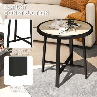 Round Garden Bistro Side Table | Dia 50.5x46cm | Waterproof SPC Top | Wood Grain Effect | Powder Coated Metal Frame | Anti-Slip Feet | 30kg | Natural Wood Finish