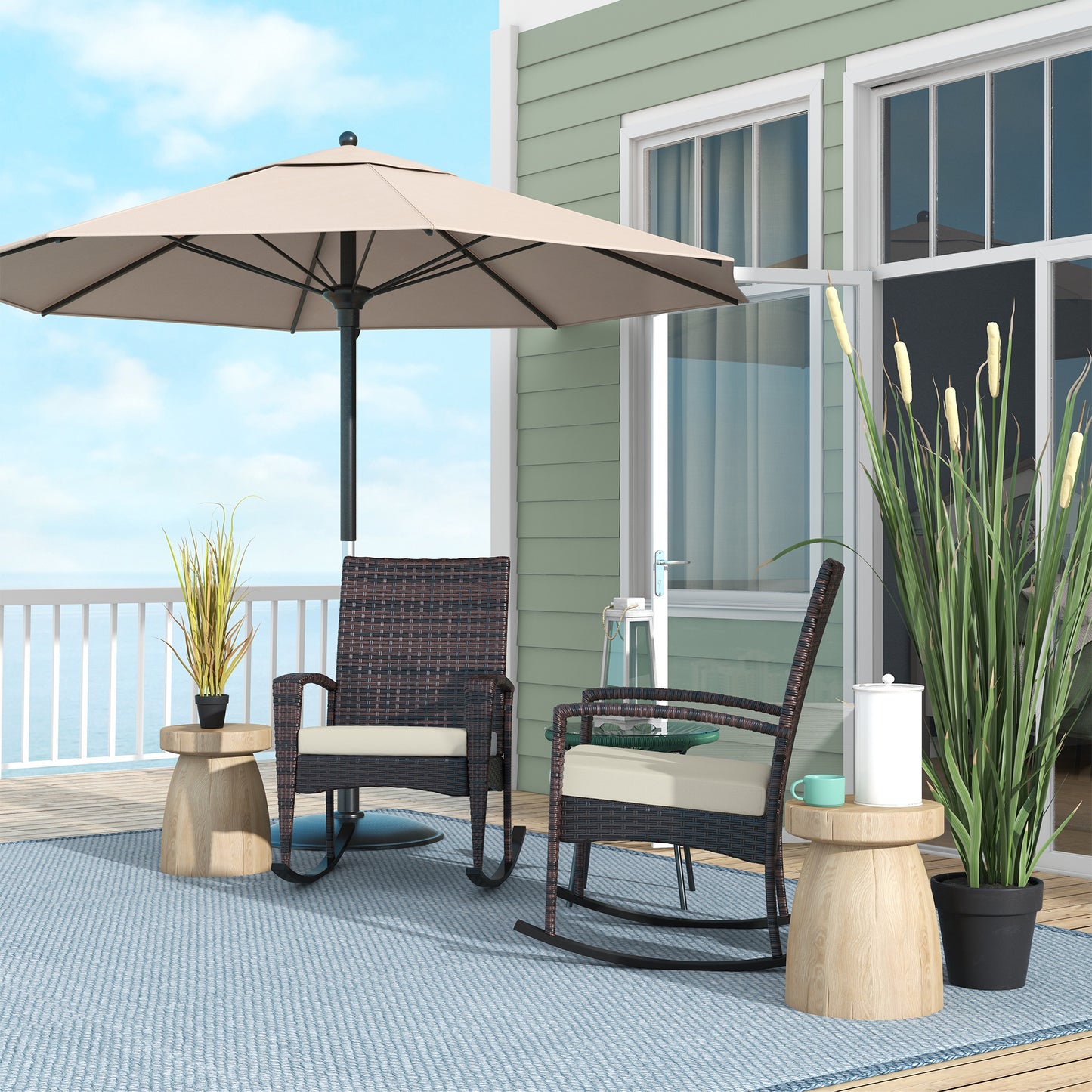 Outsunny Outdoor PE Rattan Rocking Chair Set of 2, Garden Rocking Chair Set with Armrest and Cushion