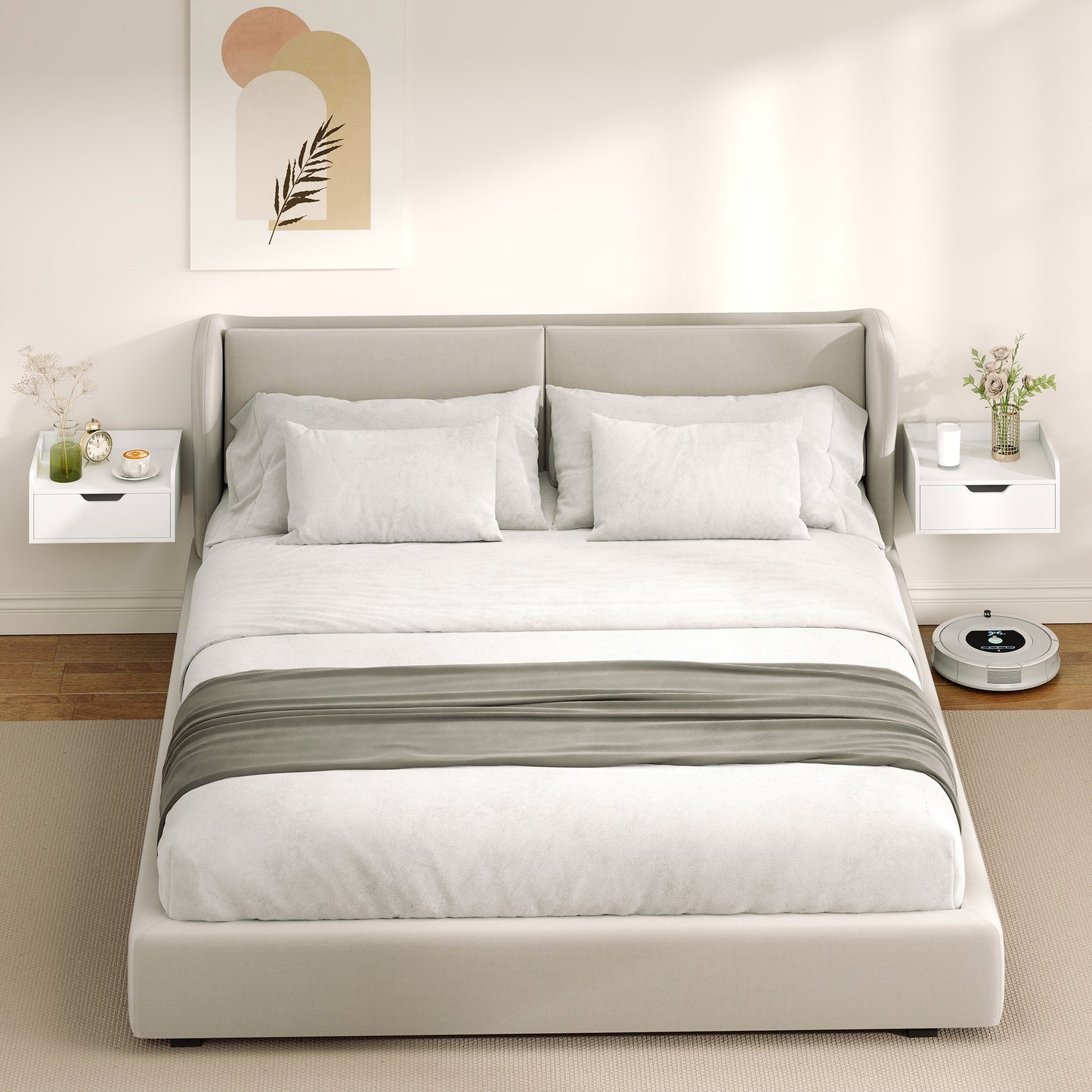 Set of 2 Floating Wall-Mounted Bedside Tables / Nightstands | Drawer & Top Shelf | 10kg | White