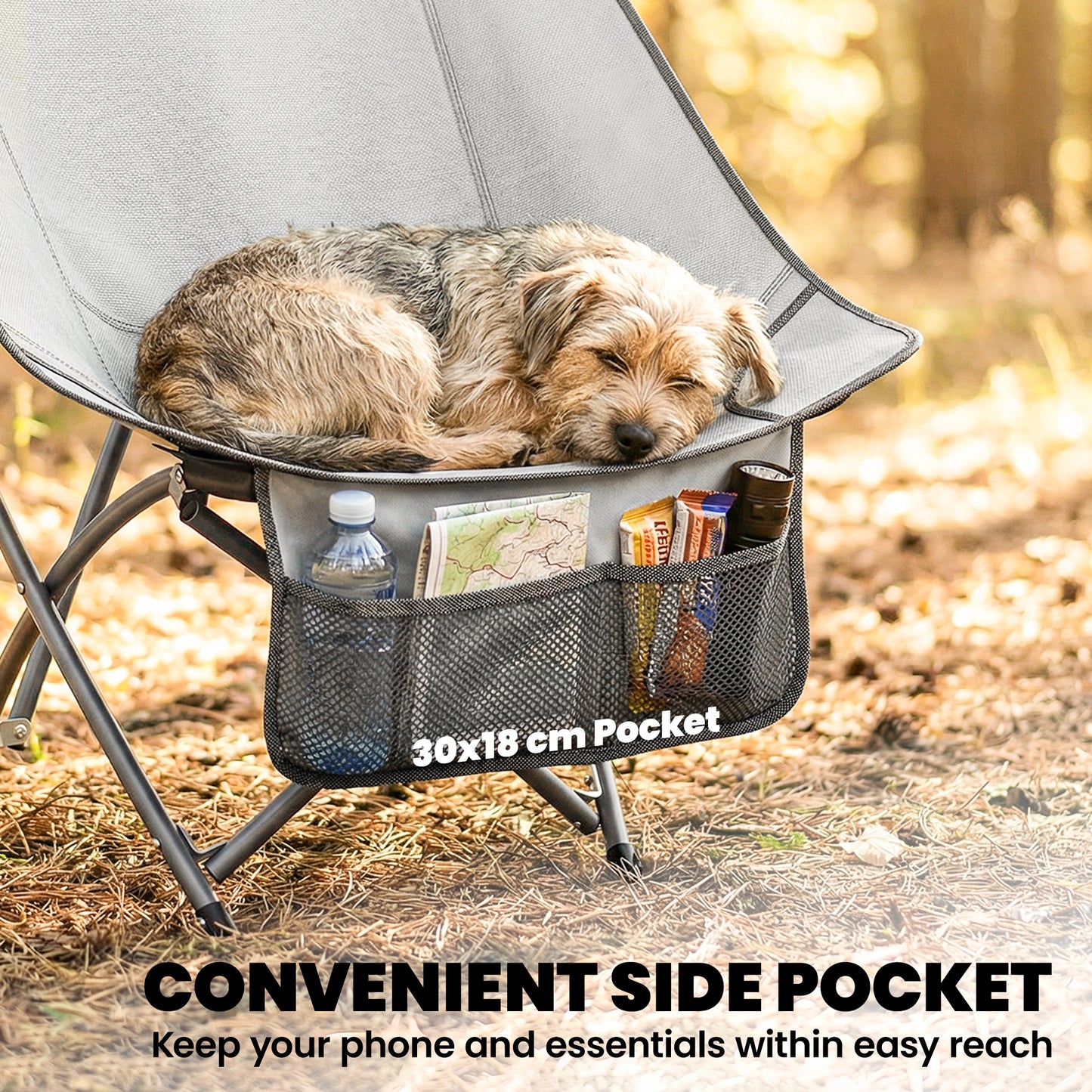 Outsunny Moon Camping Chair – Heavy Duty Folding Camp Chair, 120kg, Water-Repellent Oxford Fabric, Side Pocket & Carry Bag – Light Grey