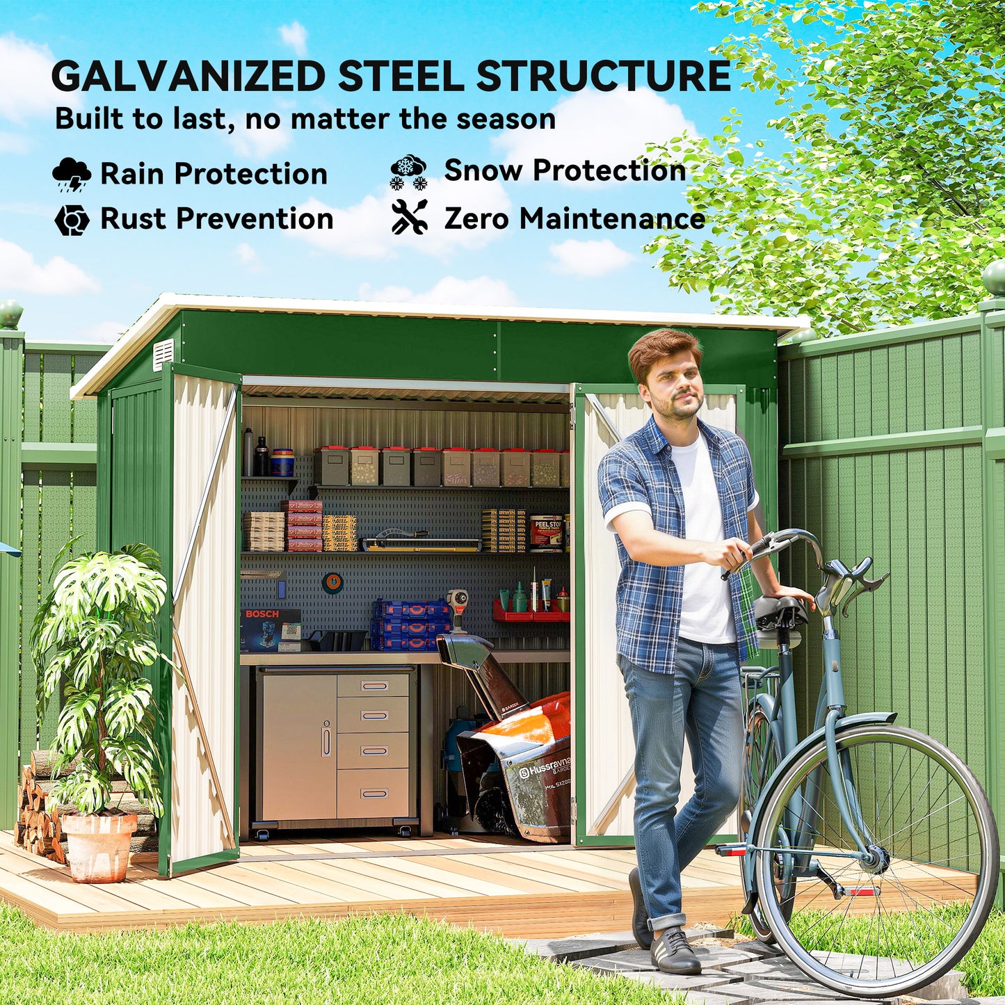 Galvanised Steel Garden Storage Shed | Triple Lockable Access | Double Front Doors & Side Door | Powder-Coated | Ventilation Slots | Sloped Roof | 25kg/m² Snow Load | 234x132x185cm | 2.68m² | Green