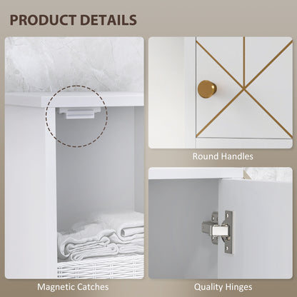 Tall Bathroom Storage Cabinet with Doors | Slim Freestanding | Adjustable Shelves | Gold Tone Handles | White
