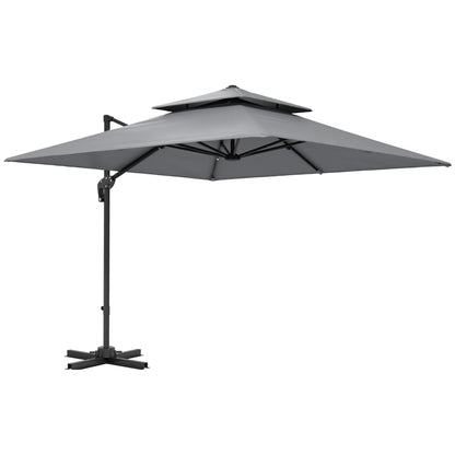Outsunny 3 x 3(m) Cantilever Parasol with Aluminium Frame, Crank and Tilt, 360° Rotation, Double Top Garden Umbrella with Base and Cover, Light Grey