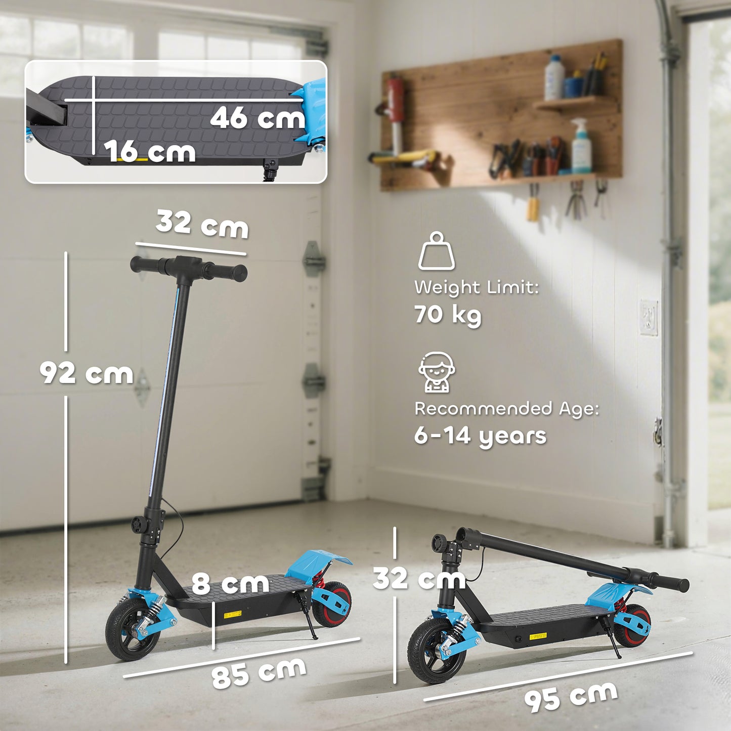 Kids Electric Scooter – 200W Motor, 15km/h, 6km Range, Dual Suspension, LCD Display, LED Lights, Foldable, Ages 6–14 – Blue