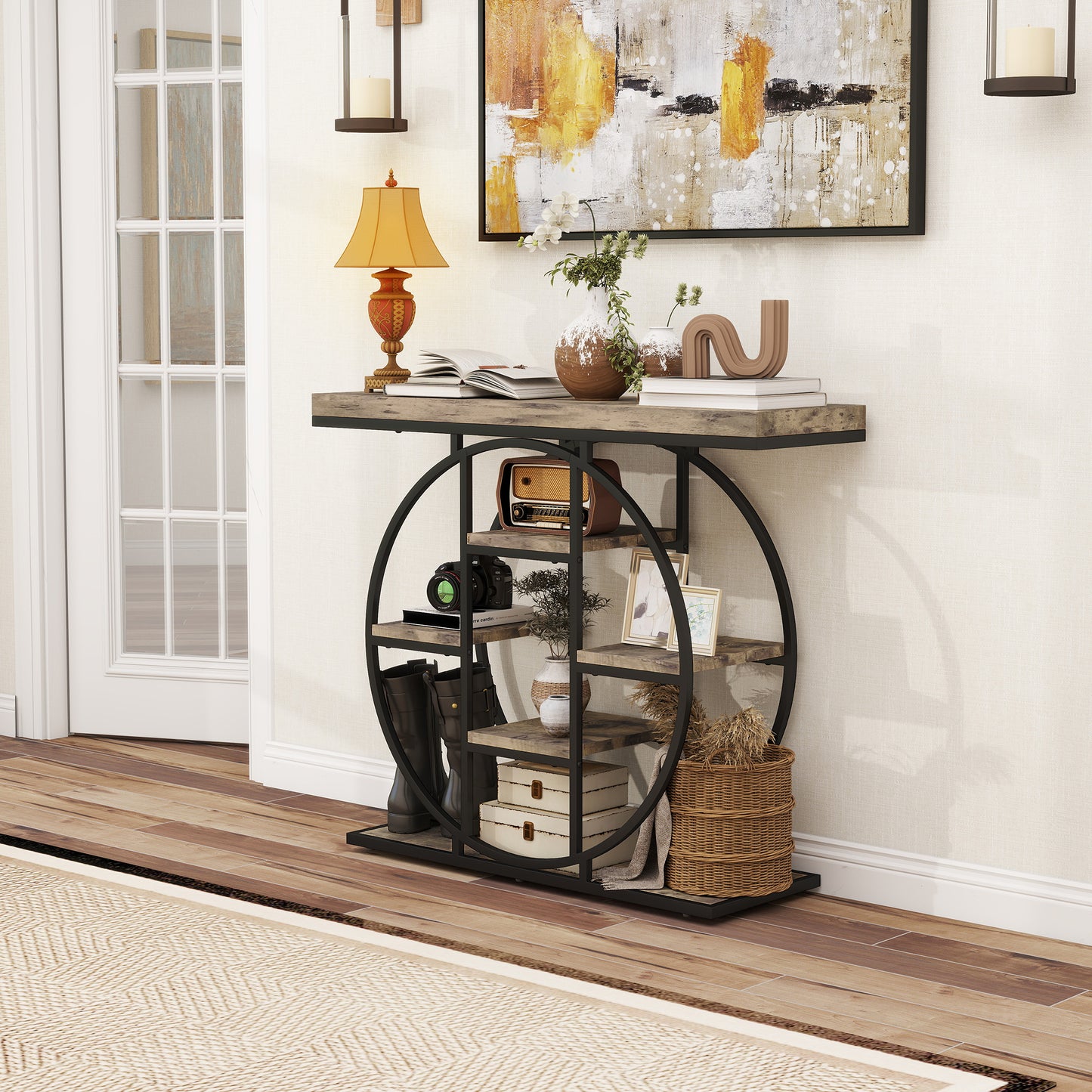Industrial Console Table with Storage Shelves - Rustic Brown
