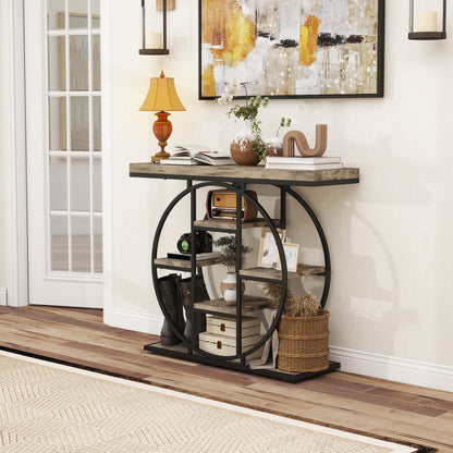 Industrial Console Table with Storage Shelves - Rustic Brown