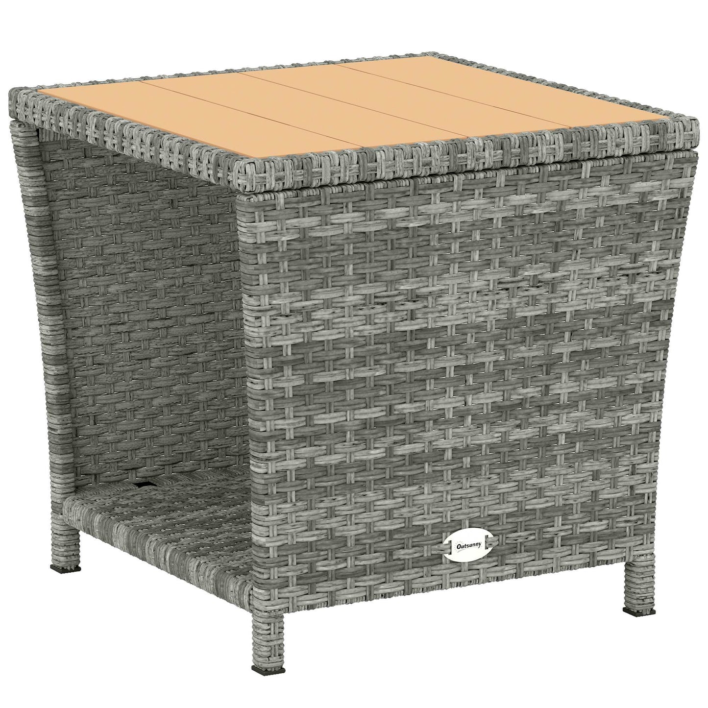 2-Tier Outdoor Rattan Side Table | PS Wood-Plastic Slat Top | PE Wicker | Powder-Coated Frame | UV-Resistant | 50kg | 45x45x43cm | Light Grey