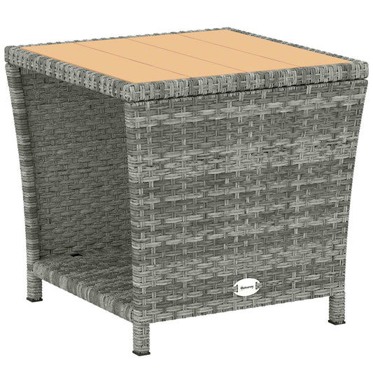 2-Tier Outdoor Rattan Side Table | PS Wood-Plastic Slat Top | PE Wicker | Powder-Coated Frame | UV-Resistant | 50kg | 45x45x43cm | Light Grey