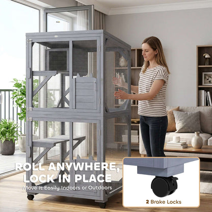 Movable Outdoor & Indoor Catio | 3 Jumping Platforms & Resting Box | Waterproof Asphalt Roof | 4 Swivel Casters 2 Lockable | Fir Wood | 4 Doors | Up to 2 Cats | 80x75.5x162.5cm | Dark Grey