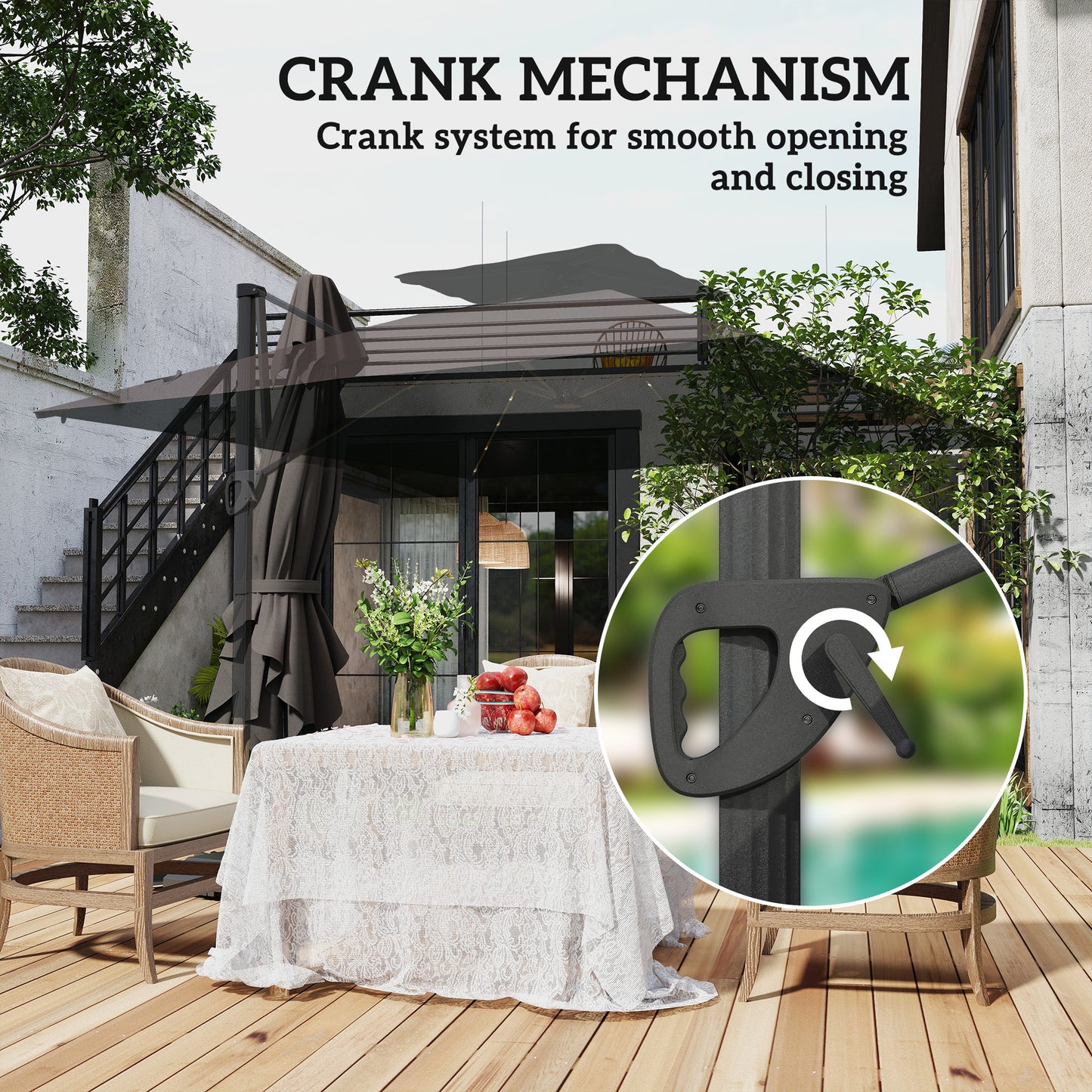 Outsunny 3.5x3 m Garden Cantilever Parasol with Solar LED Lights and Centre Light, Aluminium Large Square Patio Umbrella, UPF50+ Hanging Sun Shade with Cross Base