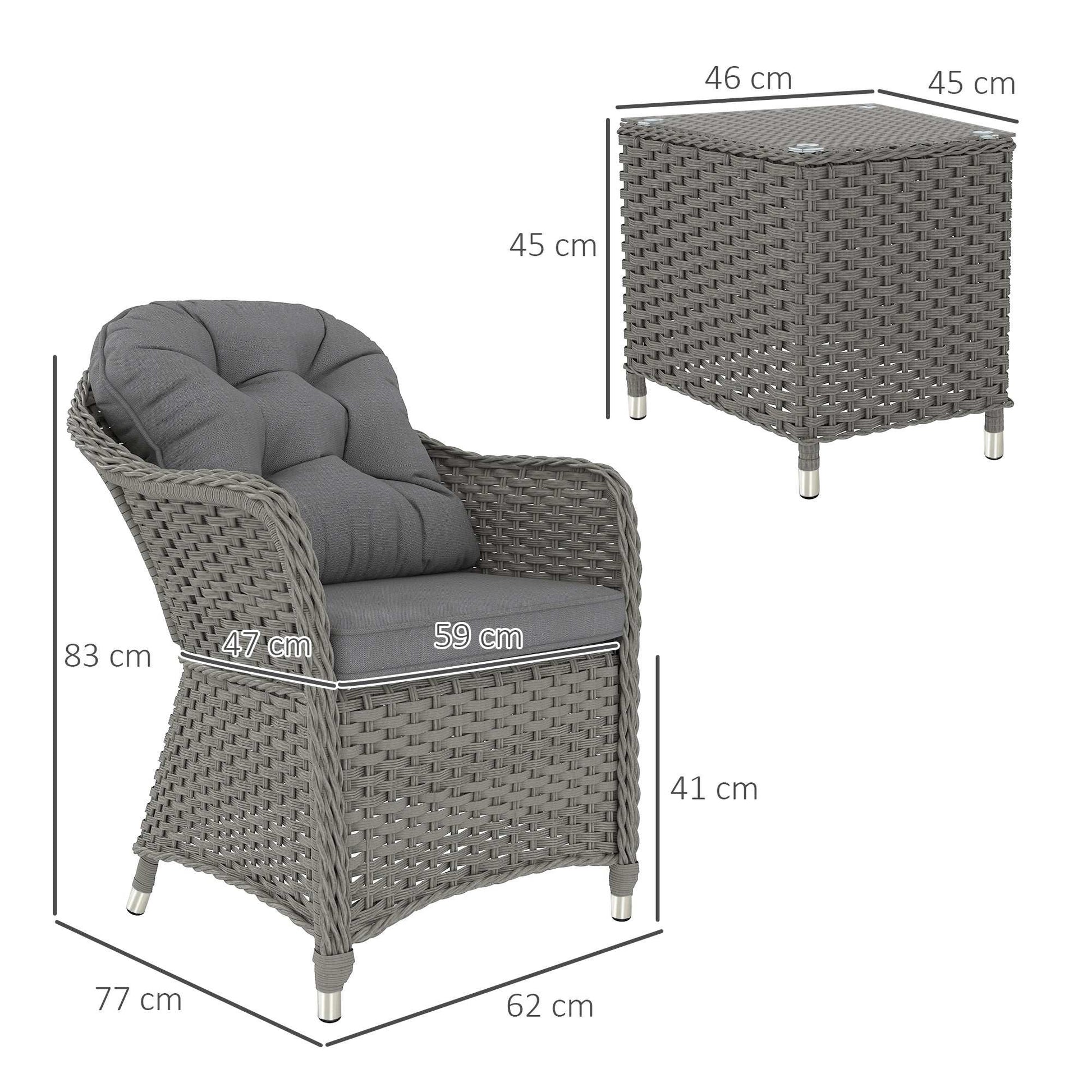 Outsunny 3 Pieces Rattan Bistro Set , Glass Top Balcony Table and Chairs with Cushions for Outdoor, Patio, Balcony, Light Grey