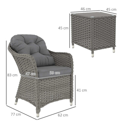 Outsunny 3 Pieces Rattan Bistro Set , Glass Top Balcony Table and Chairs with Cushions for Outdoor, Patio, Balcony, Light Grey