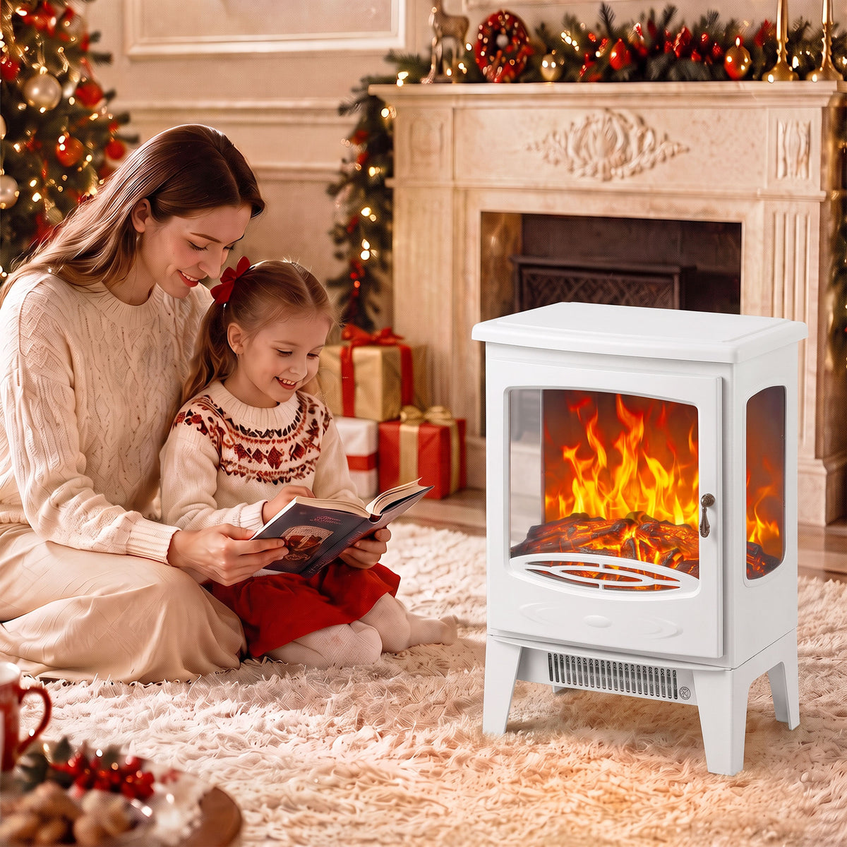 Freestanding Electric Stove | 900W/1800W Heater | 3-Sided Glass & Adjustable Flame Effect | 39 × 26 × 54.8cm | White or Grey