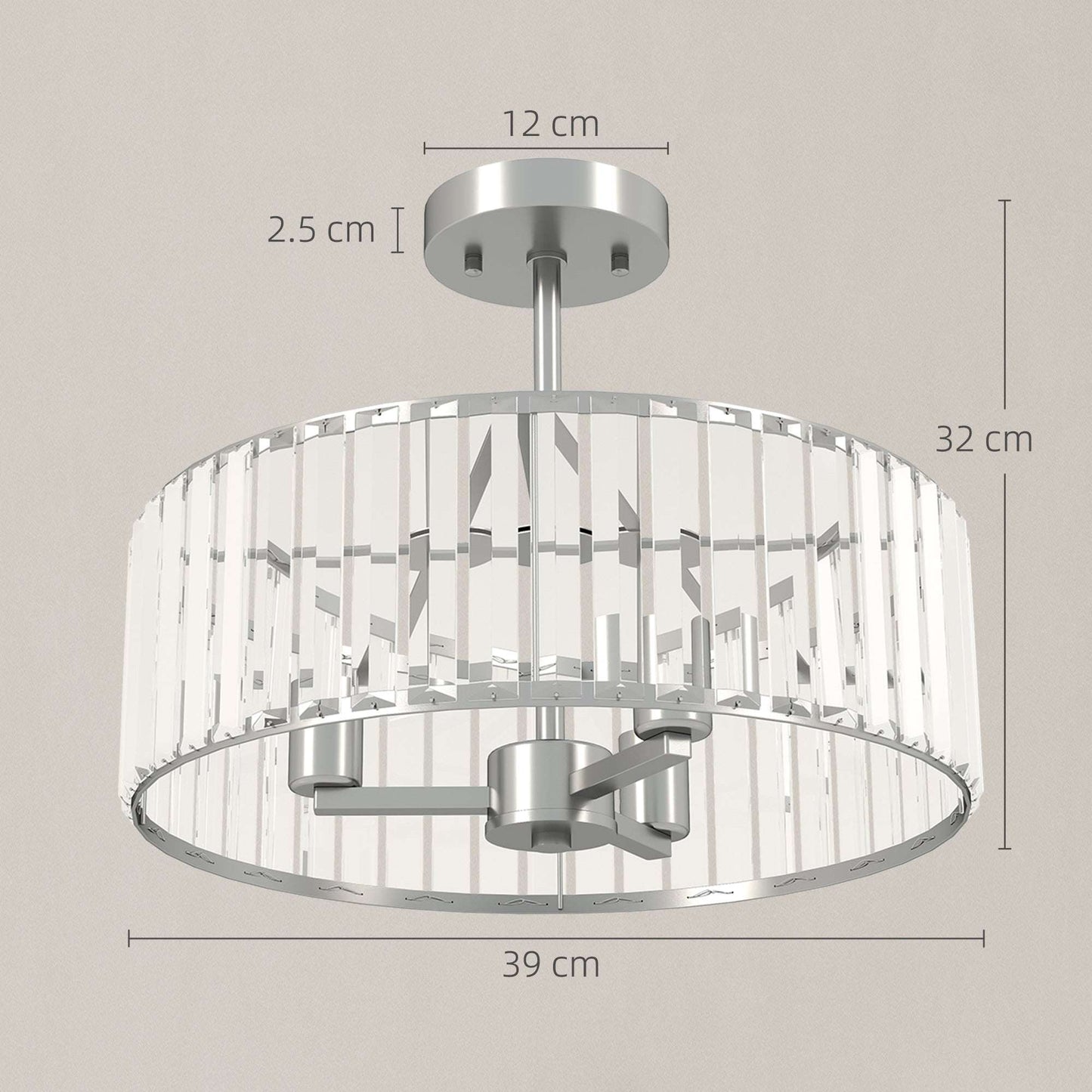 Set of 2 Crystal Ceiling Lights | Semi Flush Mount | 3-Light E14 | Modern Chandelier Style | Metal Frame | Clear Crystal Shade | Φ39x32cm | 40W AC220-240V | Silver Tone