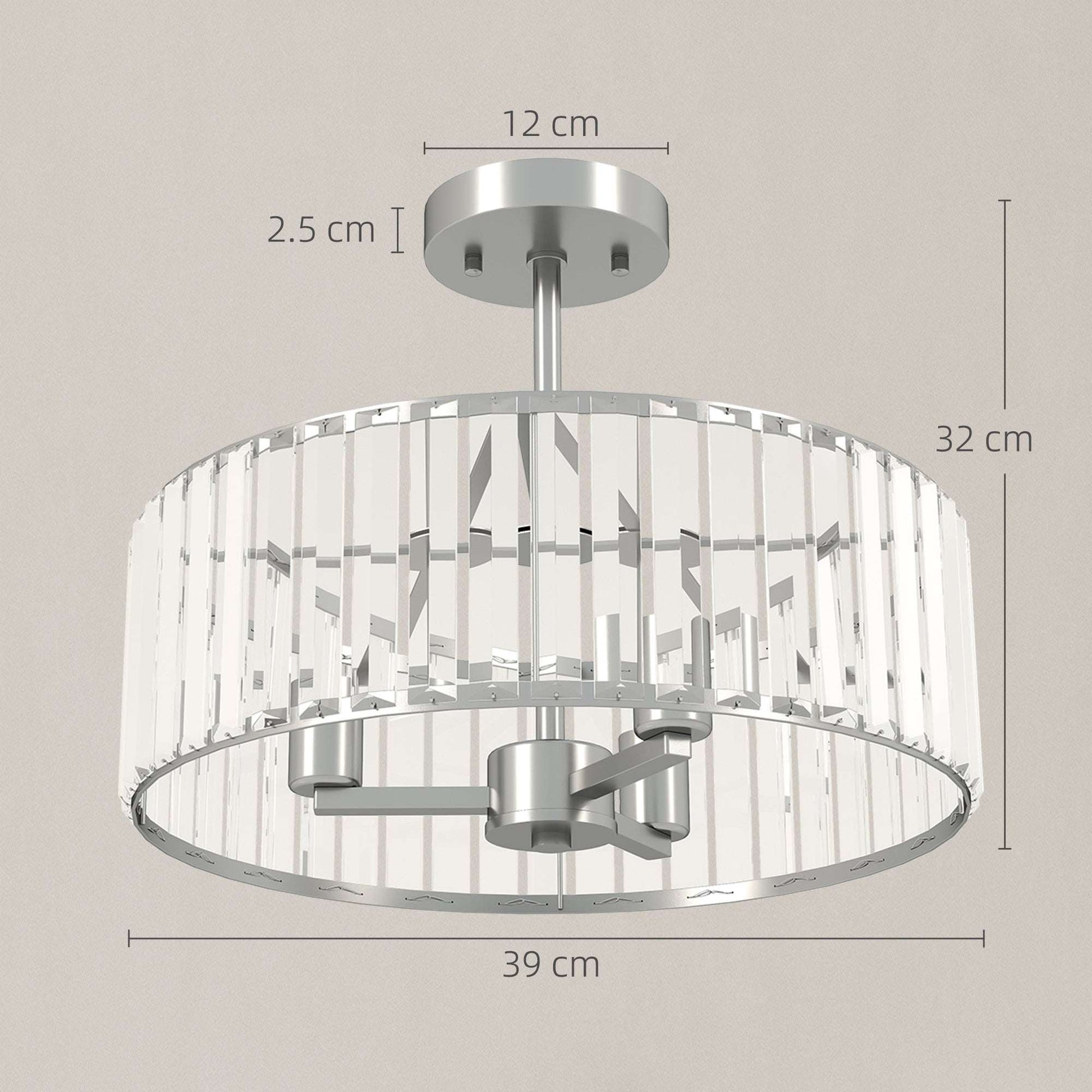 Set of 2 Crystal Ceiling Lights | Semi Flush Mount | 3-Light E14 | Modern Chandelier Style | Metal Frame | Clear Crystal Shade | Φ39x32cm | 40W AC220-240V | Silver Tone