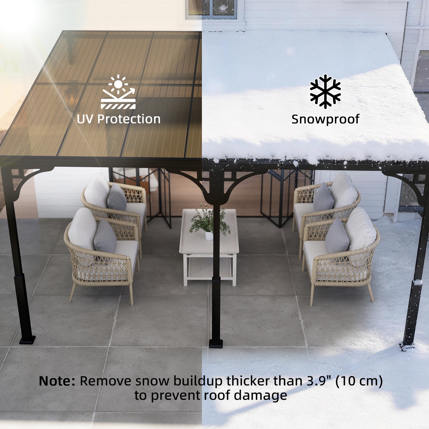 4x3m Hardtop Lean-To Pergola | 7mm Polycarbonate Roof | Galvanised Frame | Wall-Mounted | Windproof Level 6 | Brown