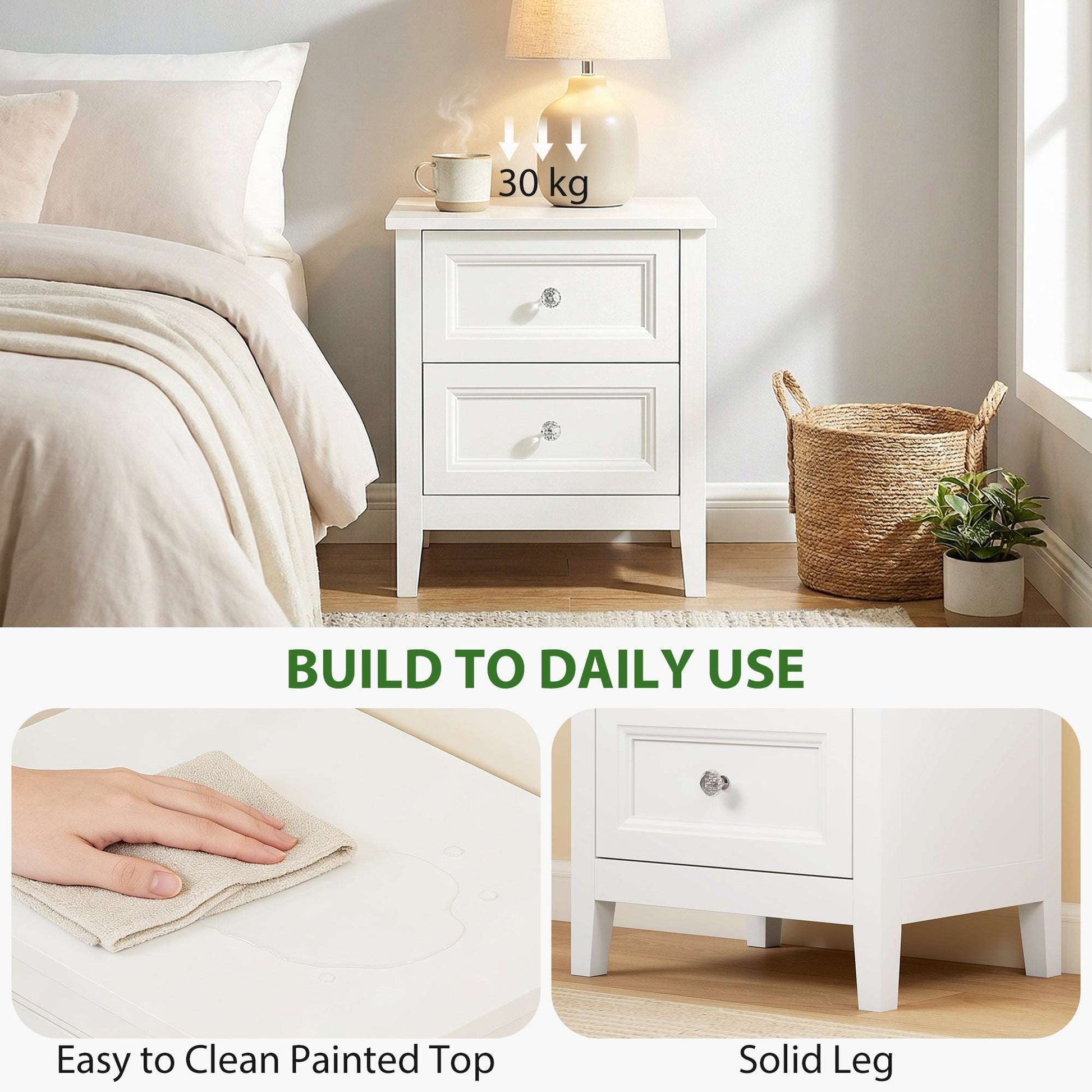 2-Drawer Bedside Table Nightstand | Crystal-Like Handles | Smooth Metal Rails | MDF | 30kg Total 10kg Top 10kg Per Drawer | 45x35x50cm | White