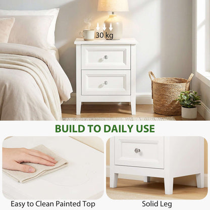 2-Drawer Bedside Table Nightstand | Crystal-Like Handles | Smooth Metal Rails | MDF | 30kg Total 10kg Top 10kg Per Drawer | 45x35x50cm | White