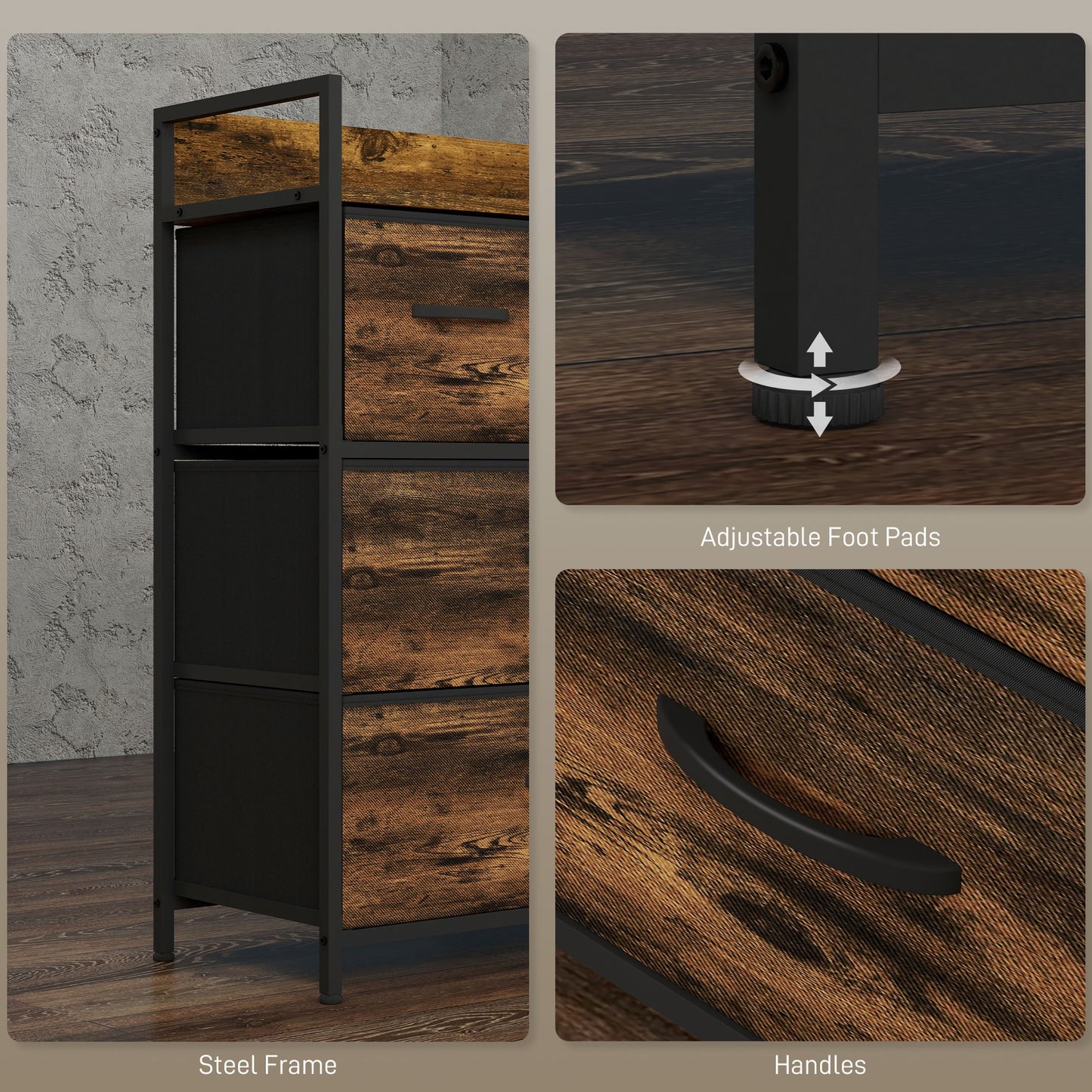 Bedroom Chest Set Of 4 Drawer Dresser Storage Organiser Unit W/ Foldable Drawers, Steel Frame For Living Room, Entryway, Rustic Brown