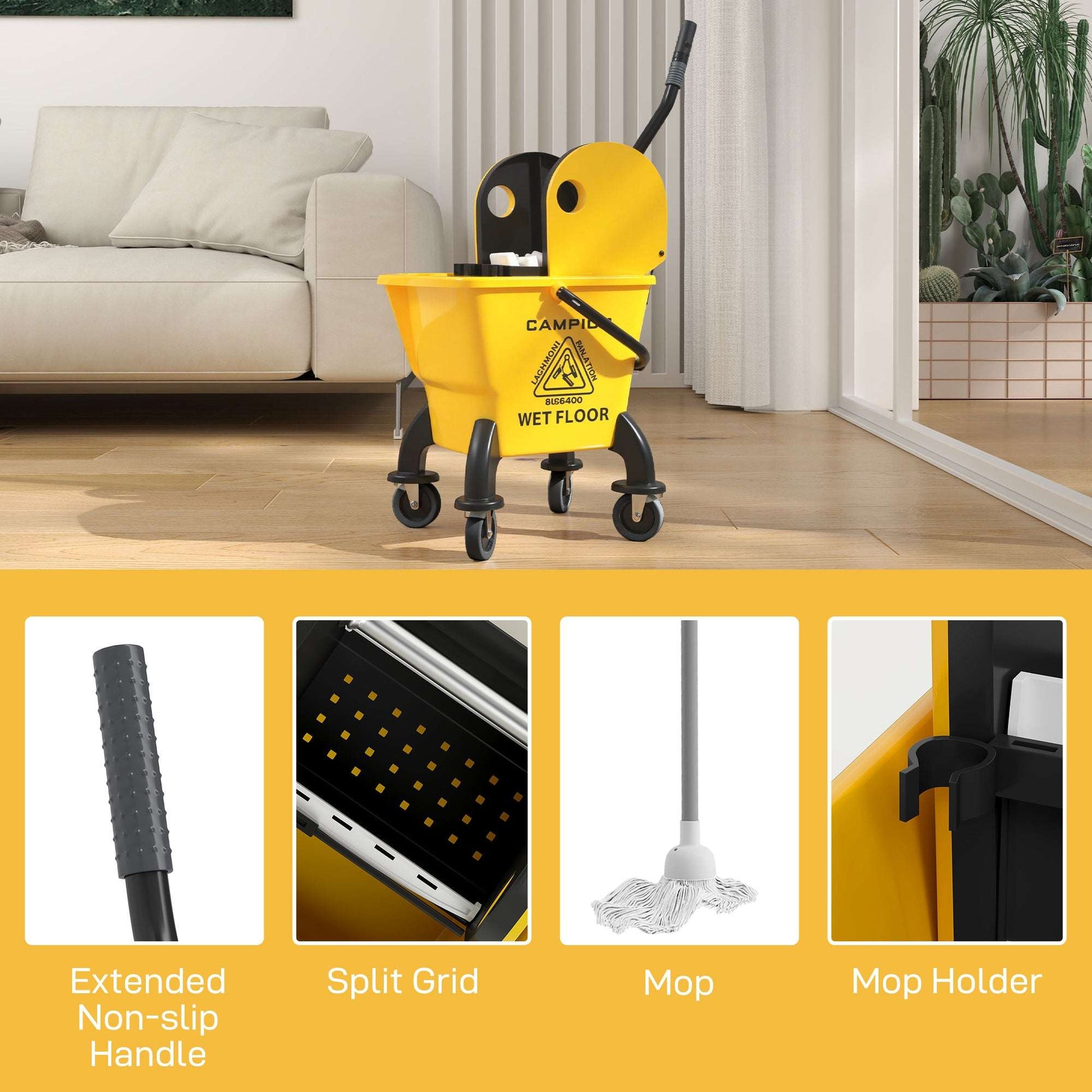 26 Litre Mop Bucket, with Wringer and Mop - Yellow