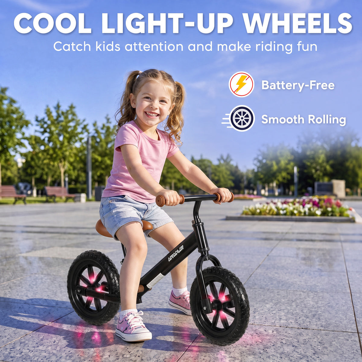 AIYAPLAY Kids Balance Bike | Black or Pink | 84x40x57cm | Ø28.5cm Light-Up EVA Wheels | Seat 31-43cm | Handlebar 56-59cm | 50kg Max | Steel Frame | Age 24-60 Months