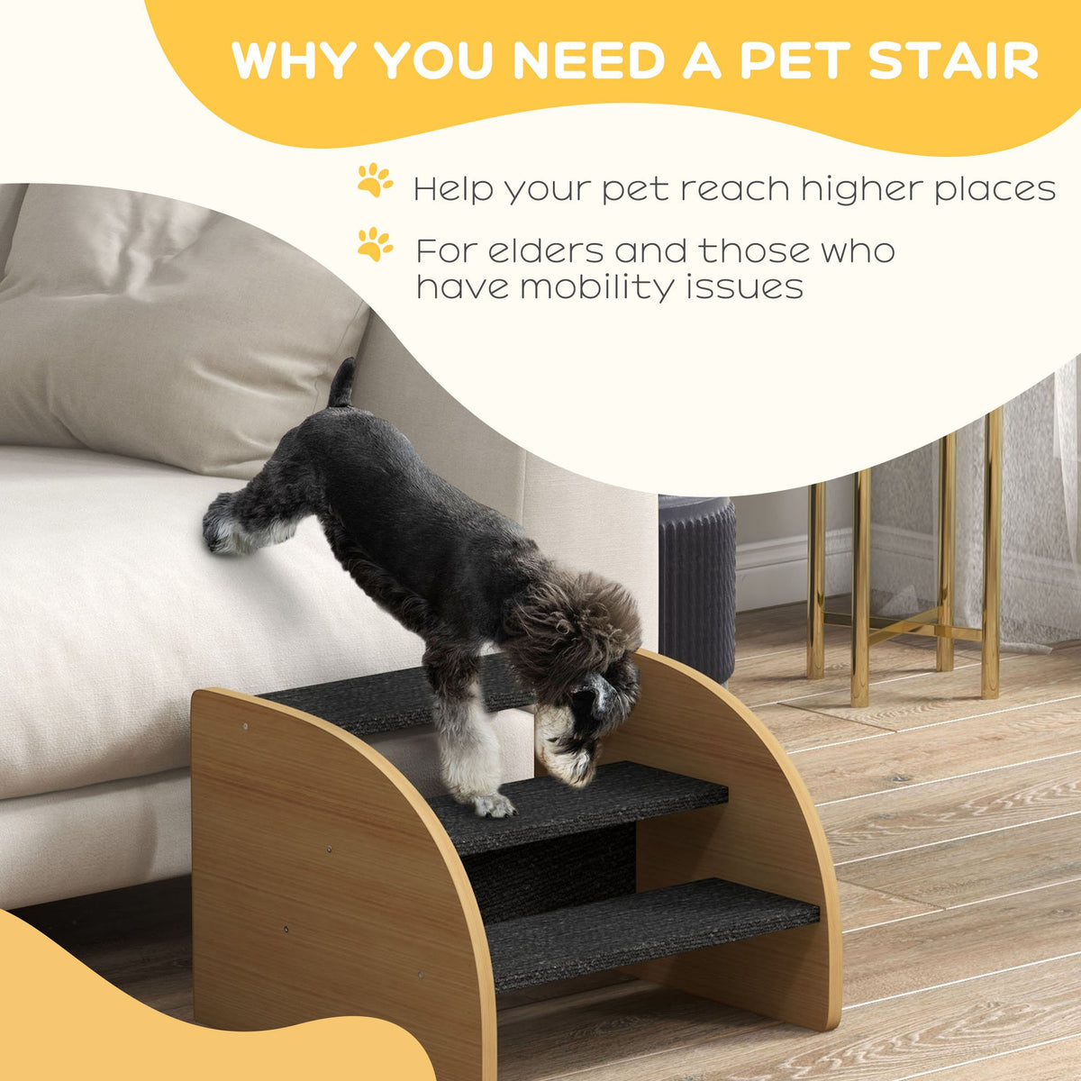 Dog Stairs | 3-Step Oak Effect Pet Steps for Sofa & Bed with Side Panels